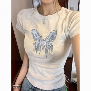 【100% cotton Áo baby tee Áo Thun ôm body Áo y2k Áo sơ mi croptop Hở Vai In Hình Bướm Phong Cách Mỹ Thời Trang Mùa Hè Mới Dành Cho Nữ
