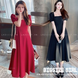 đầm dài tiểu thư Bigsize Váy đầm qua gối nữ tay ngắn cổ vuông che bụng mỡ ôm eo mùa hè Phong cách Hàn Quốc Thời Trang cá tính xinh đẹp cho người mập béo nữ