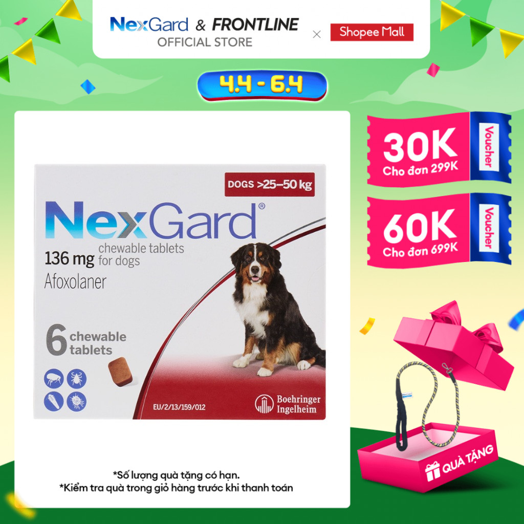 NexGard - Viên nhai phòng & trị ve, rận, bọ chét, ghẻ demodex, sarcoptes dành cho chó size XL (25-50kg) - 1 hộp 6 viên