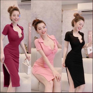 Đầm cổ bẻ cài nút ôm body trơn xẻ tà tay ngắn cực xinh , chất thun gân mềm mịn