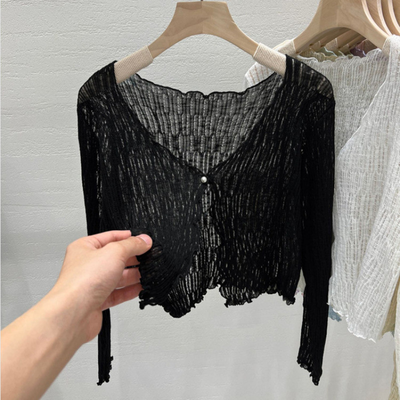 Áo cardigan mỏng 1 nút ngắn, áo khoác chống nắng mùa hè dài tay mỏng