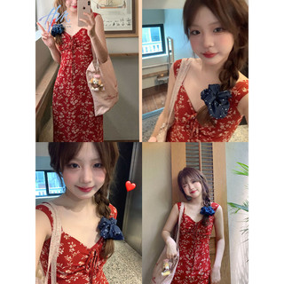 Đầm ren hoa đỏ kiểu Pháp Váy đi biển dáng ôm hơn