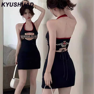 Kyushuad Treo cổ in áo treo nữ mùa hè Mỹ cay cô gái váy mỏng khoe một phong cách mới của váy hông skinny