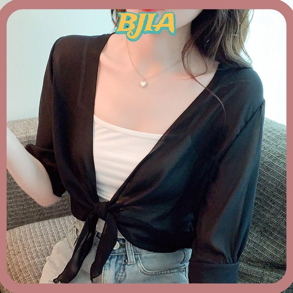 Áo len Cardigan ngắn mỏng BJA, Khăn choàng voan nửa tay mùa hè cho nữ, Áo khoác nữ đi biển Áo khoác Cardigan thời trang Quần áo chống nắng