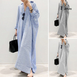 Ayyufe Nữ Mùa Xuân Đầm Loại Áo Sơ Mi Sọc In Ve Áo Tay Dài Rời Một ngực Chia Viền Plus Kích Thước Mềm Mại Thoáng Khí Đầm Maxi Nữ
