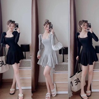 Set váy nữ 2 dây tùng xoè kèm áo khoác ngoài chất thun gân loại 1 kem women dress voi