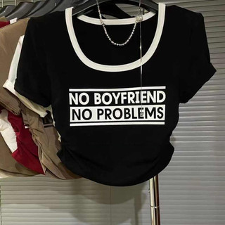 Milyfashion Màu-Blocking Cổ Vuông Xếp Ly Slim-Fit Ngắn Top Nữ Mùa Hè In Chữ Áo Thun Ngắn Tay