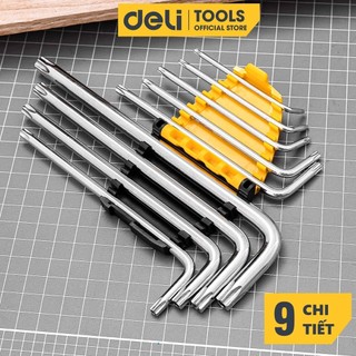 Bộ Lục Giác 9 Cây Đầu Hoa Thị Chữ L T10-T50 Deli Chính Hãng - Chất Liệu Thép Siểu Bền - Chuyên Dụng Sửa Chữa