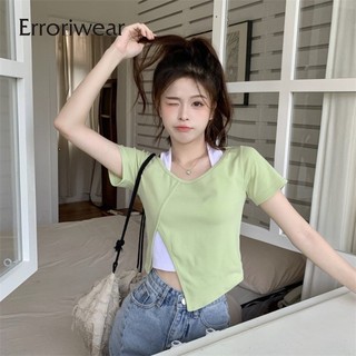 Erroriwear Áo thun nữ màu tương phản Áo thun hai cổ giả mỏng và mỏng không đều Áo thun ngắn tay