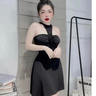 Đầm body cổ tròn hở vai hoa  phom ngắn có mút thích hợp mặc đi tiệc đi làm đi chơi Nữ Đen