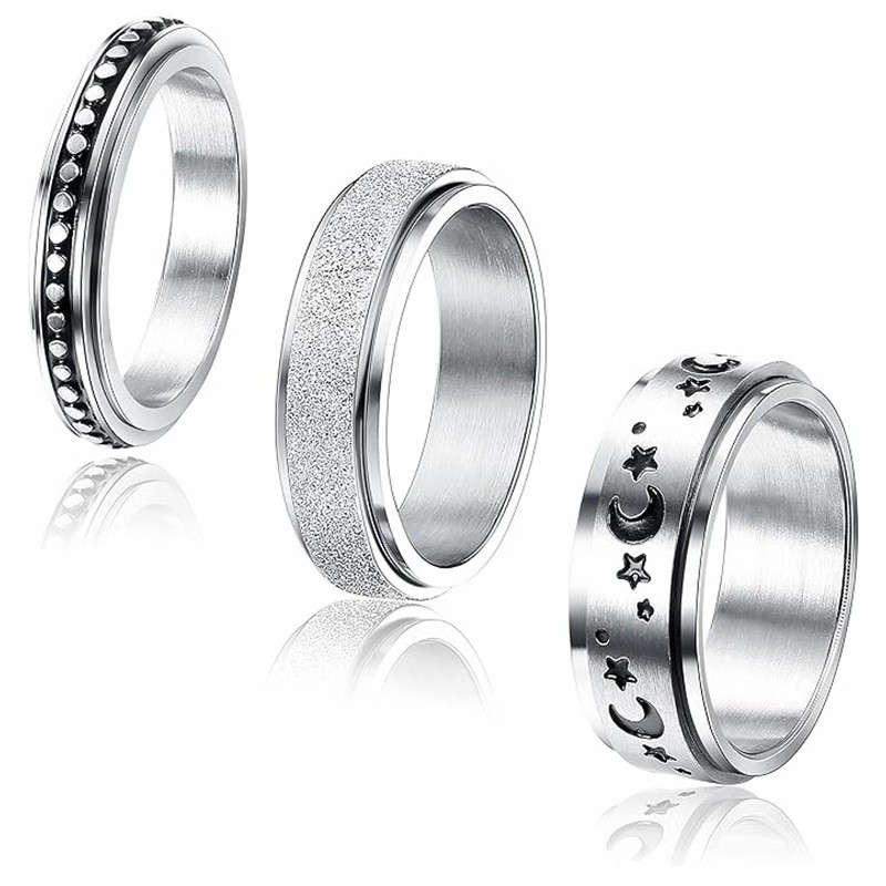 3 Cái / bộ Cổ Điển Nam Nữ Xoay Được Xoay Fidget Lo Âu Ngón Tay Nhẫn Bạc Vonfram Thép Không Gỉ Spinne