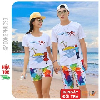 Đồ đôi đi biển nam nữ set gồm áo thun và quần hoạ tiết nổi bật có thể mặc cặp nhóm gia đình DDB48
