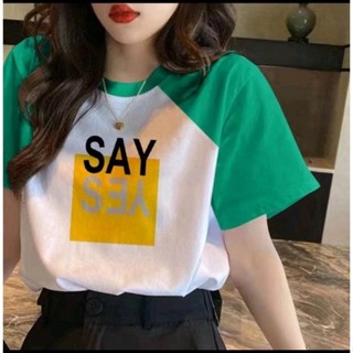 Áo thun nữ phối tay in chữ SAY YES kiểu dáng hàn quốc trẻ trung vải cotton thoáng mái mềm mại giá rẽ bán chạy hot hit
