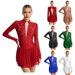 Inhzoy Nữ Hình Trượt Băng Khiêu Vũ Trình Diễn Trang Phục Thi Đấu Sáng Bóng Kim Cương Giả Giả Cổ Sheer Lưới Dài Tay Đầm