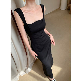 Hongyi Sling Dress 2024 Dây Đen Ôm Hơn Nhìn Dài Hông Váy Cao Cấp Pháp