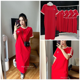 Váy Phông Suông, Đầm Suông Adidass ĐỎ Phối Viền Sọc From Rộng, Dáng Dài Chất Cotton Đẹp