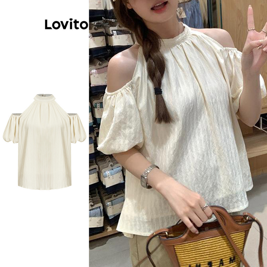 Áo kiểu Lovito tay phồng vải kết cấu cắt xẻ xếp nếp màu trơn dễ thương cho nữ L73AD003