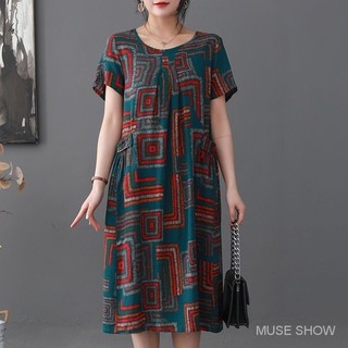 Đầm Trung Niên Nữ Trung Niên Người Cao Tuổi Cao Cấp Over-the-Knee Thời Trang Mẹ Ôm Hơn Nhìn Cotton Lụa Váy Ngắn Tay Dài Giữa Chiều Dài Phong Cách Phương Tây