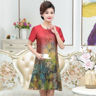 Người Cao Tuổi Trung Niên Voan Tay Ngắn Nữ Mùa Hè Váy Cao Cấp In Hình Giữa Chiều Dài Váy Trung Niên Người Cao Tuổi Mẹ Nữ Phong Cách Phương Tây Mỏng-