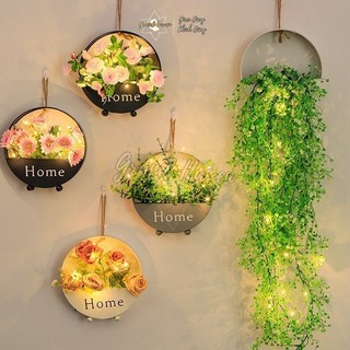 Giỏ hoa treo tường đèn led decor phối hoa xinh trang trí nhà cửa Grand Haven Tặng kèm bướm trang trí, đinh tán