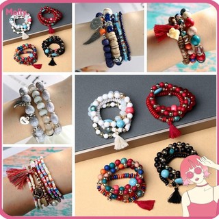 Vòng tay chuỗi hạt nhiều lớp phối tua rua phong cách bohemian tùy chọn màu sắc