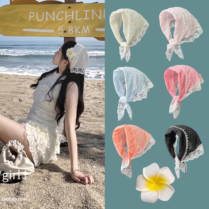 Pháp Vintage Màu Be Ren Khăn Turban buộc đầu Tam Giác Băng Đô Quấn Tóc Tính Khí Phụ Kiện Tóc Cho Ngày Lễ Chụp Ảnh