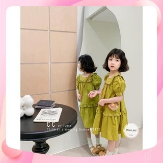 Váy đầm chun bèo cổ vuông cho bé gái