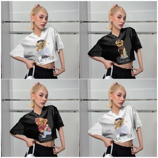 Áo thun nữ tay ngắn hình gấu dễ thương Crop Top có áo thun in hình Cotton hình lục giác