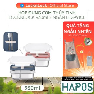 Hộp cơm 2 ngăn thủy tinh LocknLock kèm muỗng đũa 930ml Chính hãng, chống rò rỉ, dùng được lò vi sóng LLG991CL - HAPOS