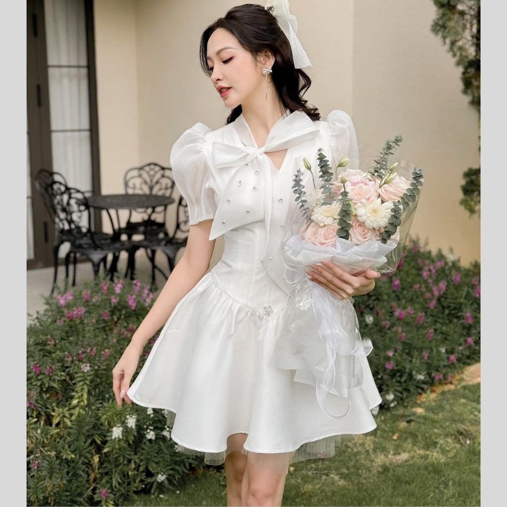 Váy nữ tafta phối ren dáng ngắn đầm thiết kế dự tiệc sang chảnh Miaclothing V246