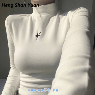 Heng Shan Yuan Áo Thun Tay Dài Cổ Lọ Thấp Ôm Dáng Co Giãn Cao Có Gân Đức Bằng Nhung