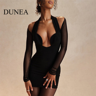 DUNEA Nữ Dây Lưới Chắp Vá Cổ Plunge Đầm Mini