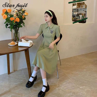 Star fruit 2024 Váy ngắn tay cổ polo mới, dài vừa mùa hè, eo thon gọn, váy chữ A thông thường