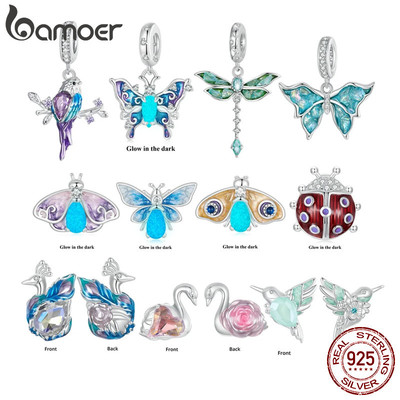 Bamoer Real 925 Bạc Dạ Quang Bướm Hạt Cầu Vồng Men Côn Trùng Mặt Dây Chuyền Quyến Rũ Cho Nữ Vòng Tay DIY Phụ Kiện