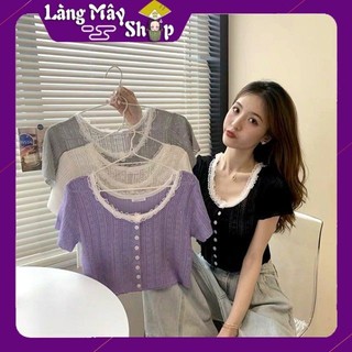 (Xả kho Sale Sập Sàn) Áo thun cổ phối ren nút giữa chất thun gân co giãn 4 màu (Đen - Tím - Xám - Trắng)