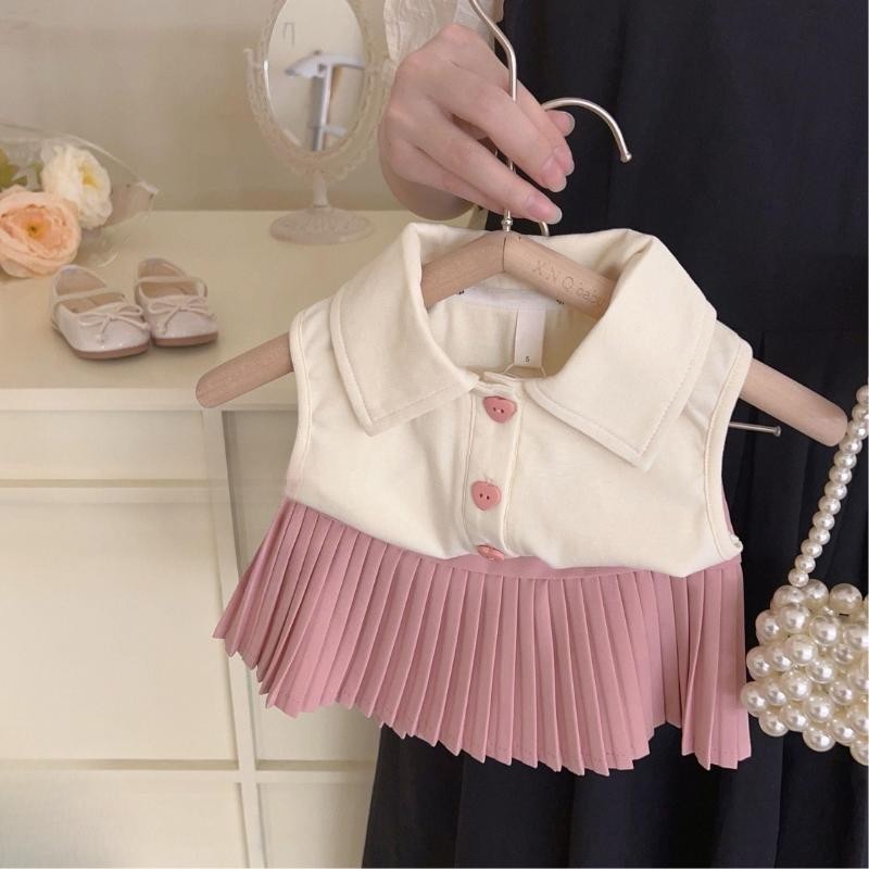Set Áo Cổ Gập Chân Váy Hồng Xếp Ly cho Bé Gái [TinyWiny - S3211]