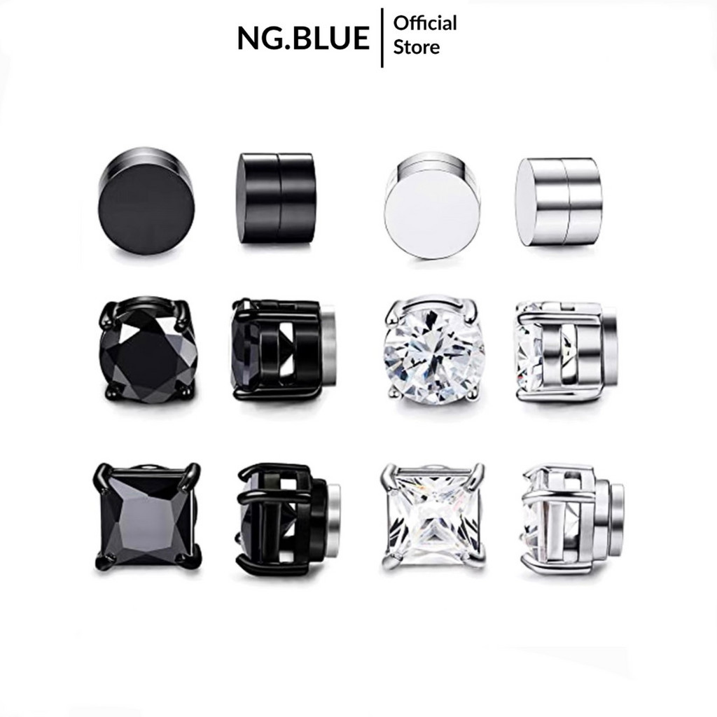 Khuyên tai bông tai hoa tai nam nữ nam châm đính đá bạc đen 6mm 8mm không cần bấm lỗ thép titan không gỉ đẹp phụ kiện