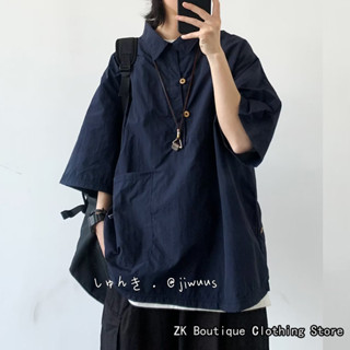 Oversize Thời Trang Phong Cách Nhật Bản Đơn Giản Retro Hai Nút Cổ Gấp Nam Tay Ngắn Áo Sơ Mi Polo Dành Cho Nam Unisex Cặp Đôi Dáng Rộng Thoải Mái Thanh Niên Nửa Tay Áo