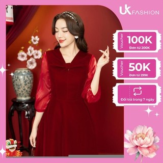 Đầm Nhung nơ xếp nơ ngực UK FashionThiết Kế Đơn Giản, Nhẹ Nhàng đi tiệc, chất liệu dày, mịn, ấm áp NKDV2312006
