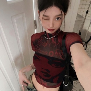 Pure Desire Phong Cách Châu Âu Mỹ In Hình Ôm Tay Ngắn Crop Top Nữ Thiết Kế Mùa Hè Nửa Cổ Cao Burgun