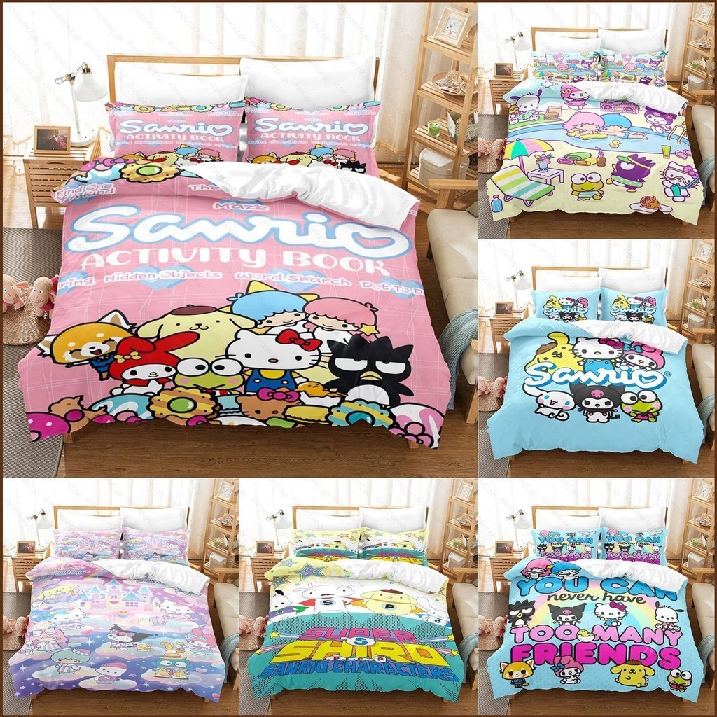 Kira Sanrio Cinnamoroll Kuromi Bộ chăn ga gối ga trải giường Vỏ chăn gối Phòng ngủ gia đình Bộ đồ ký túc xá có thể giặt được 3IN1
