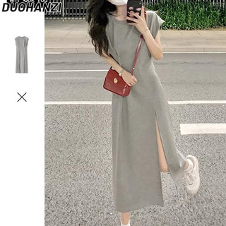 Duohanzi Đầm ôm Màu Xám Khe Áo Thun Thiết Kế Mùa Hè Niche Eo Mỏng Tay Ngắn Thường Ngày Dài Đầm