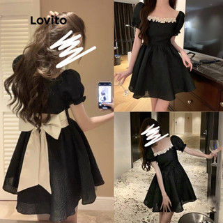 Đầm Lovito màu trơn thắt nơ phía sau tay phồng viền nhún bèo phong cách dễ thương cho nữ L79AD192