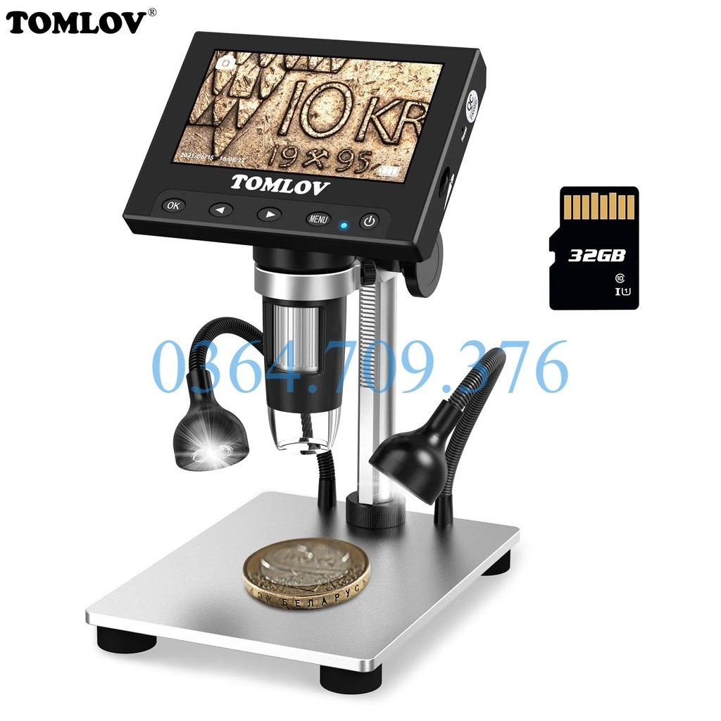 ♀Tomlov đồng xu kính hiển vi 1000X 4.3 "LCD kính hiển vi kỹ thuật số với đèn LED bên, kim loại đứng pho 【♦