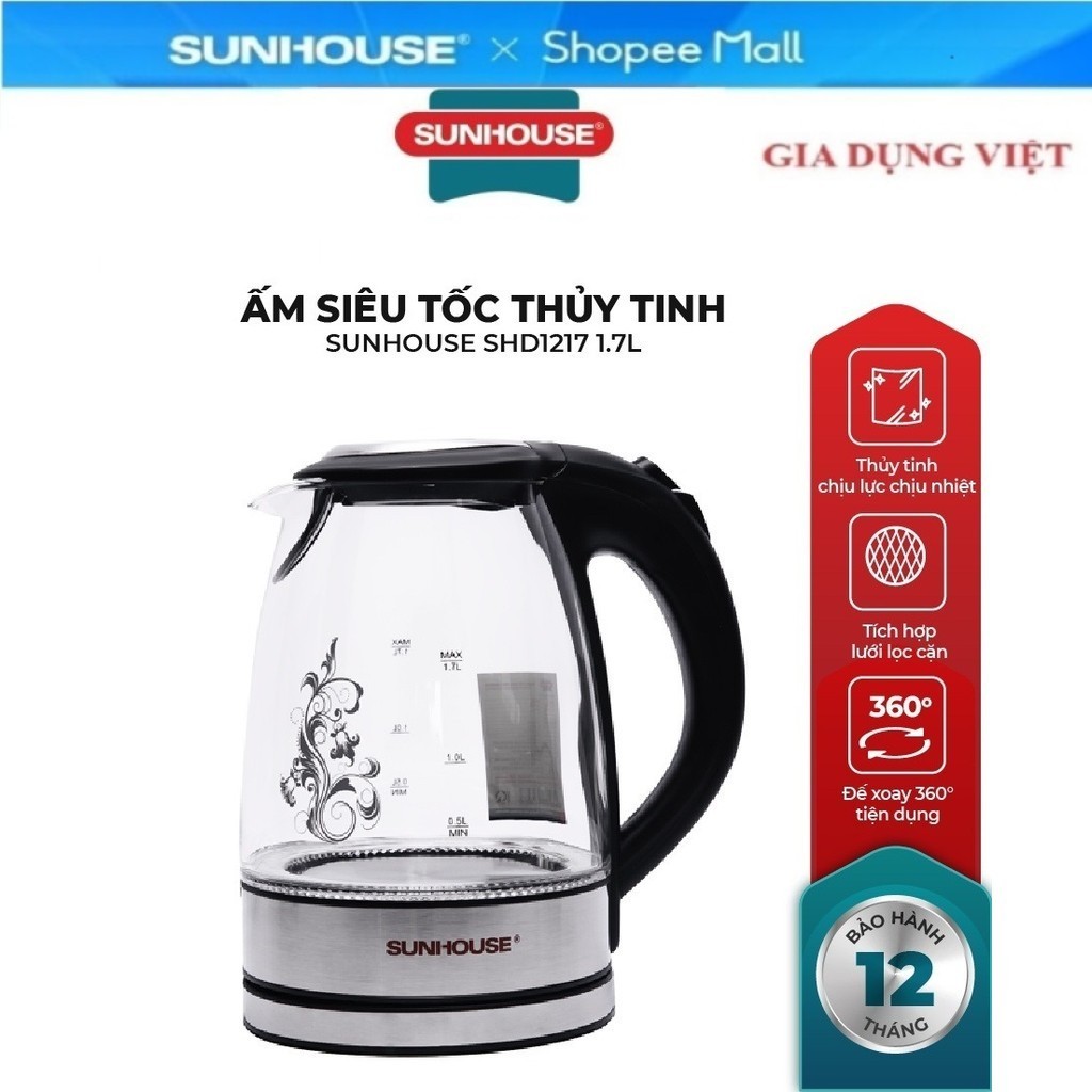 Ấm siêu tốc thủy tinh SUNHOUSE SHD1217