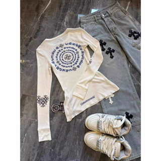 Áo thun dài tay in hình chữ Phạn cay dành cho nữ, áo thun dài tay cổ điển Mỹ năm 2025 Y2K dáng ôm vừa vặn và giảm béo