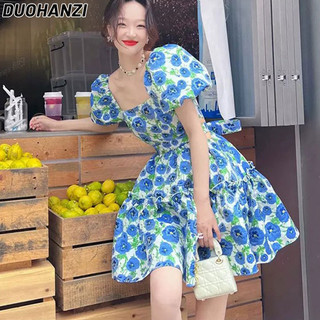 Duohanzi Đầm Nữ Cổ Vuông Đầm Hoa Mùa Hè Phong Cách Mới Nhỏ Cao Cấp Đầm Trà Nghỉ Pháp Đi Biển Kỳ Nghỉ