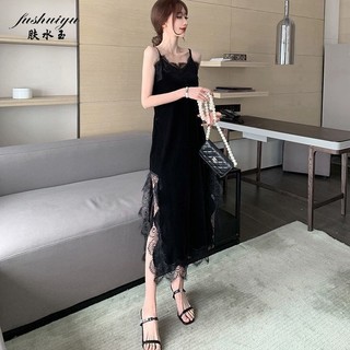 Váy ren chắp vá fushuiyu nhung dành cho nữ xuân thu, váy treo gợi cảm mới của châu Âu và Mỹ, kết hợp với váy đáy xẻ dài