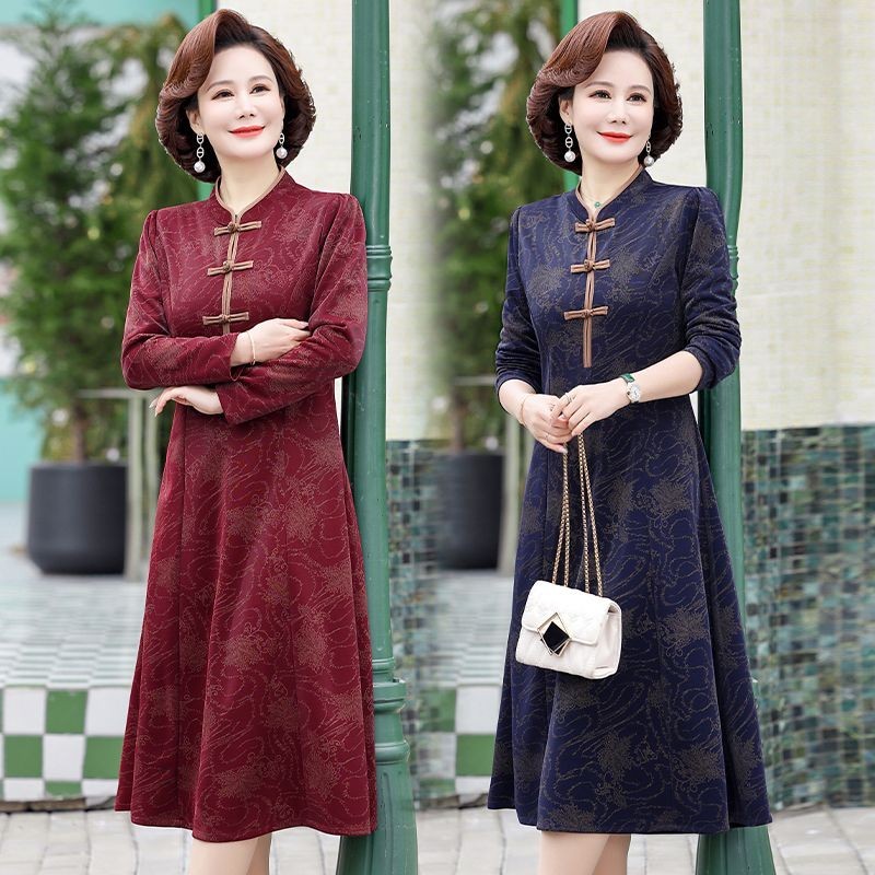 Váy Cưới Của Mẹ Cải Tiến Sườn Xám Đầm Xuân Thu Bào Trung Niên Người Cao Tuổi Quý 2024 Váy Mới Váy Nữ