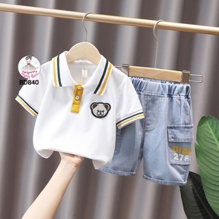 Đồ bộ polo cổ sọc vàng xanh tay viền gấu thêu quần jean túi hộp dành cho bé trai [MyMyBaBy DB840]